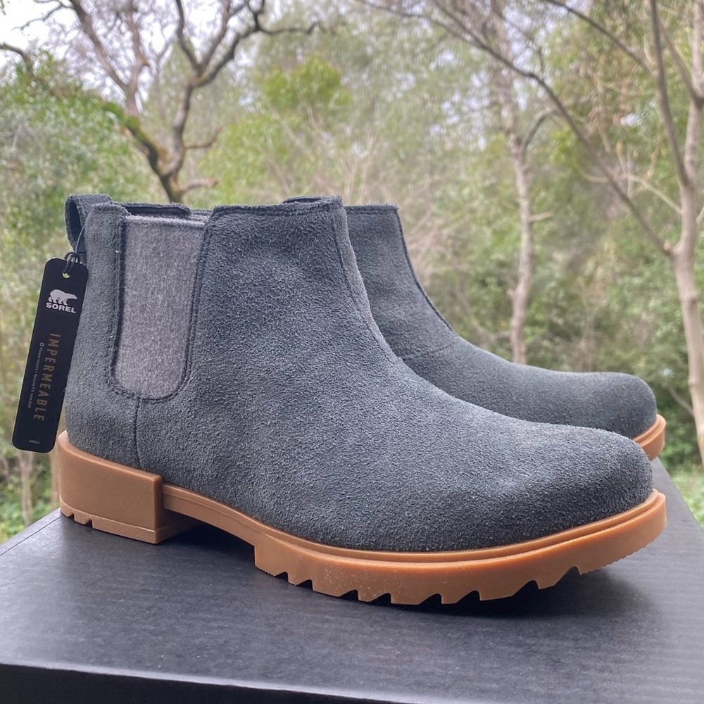 Sorel Gray Suede Chelsea Ankle Boots with Tan Lug Sole